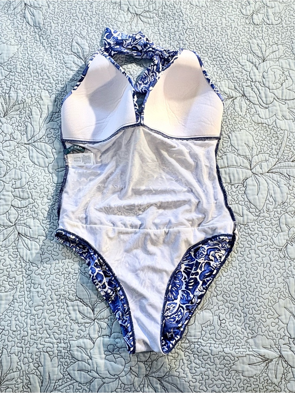 Lauren Ralph Lauren Blue White Floral Halter Swimsuit Tummy Control Ruched~8💛 - Picture 6 of 12